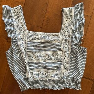 American Eagle Outfitters Blue and White Ruffled Smocked Crop Tank Top